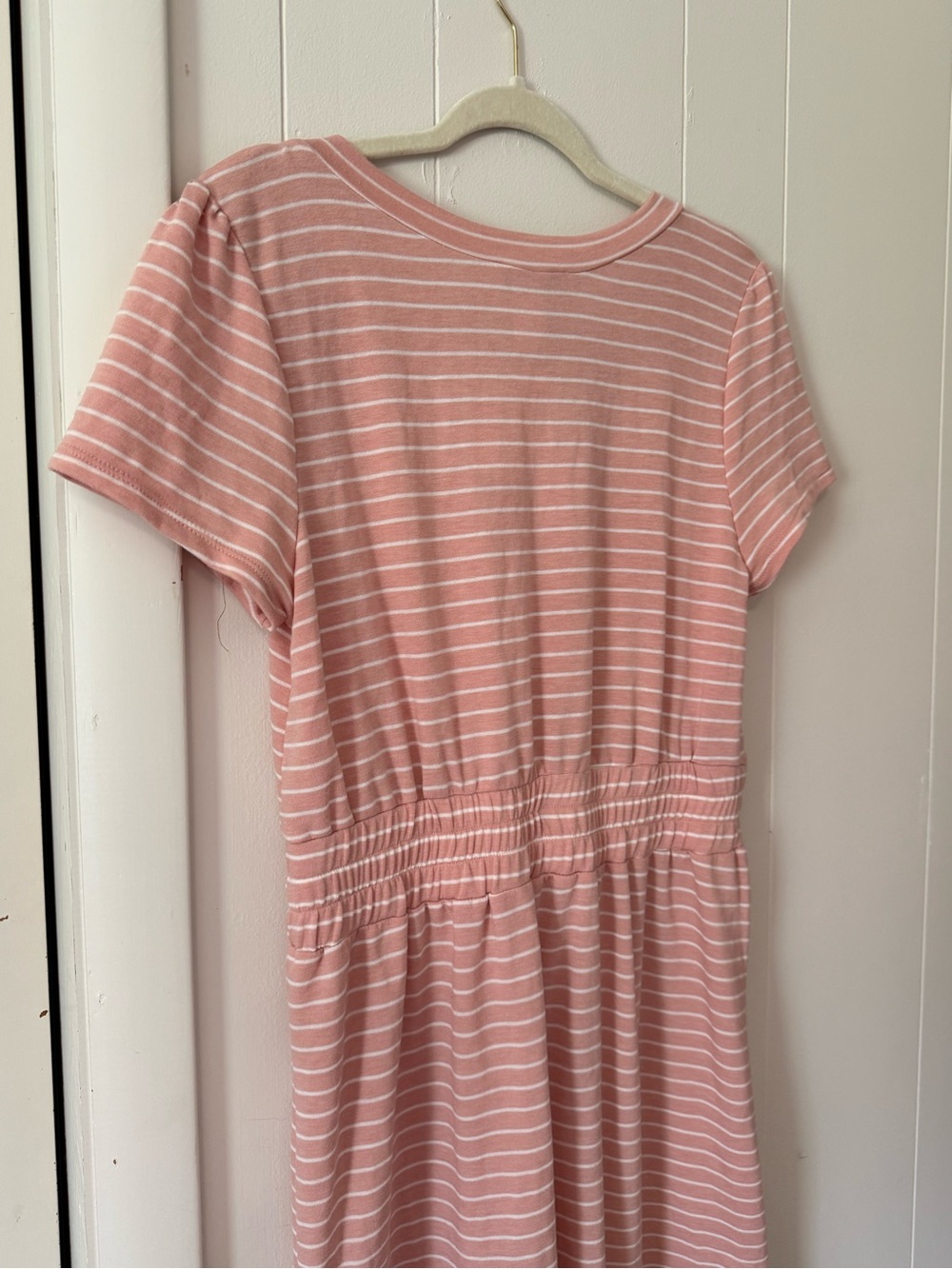 Gilli Pink and White Striped Short Sleeve Drawstring Waist Dress - Picture 7 of 8